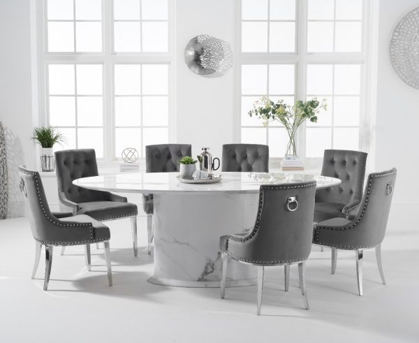 Colby 200cm White Oval Marble Dining Table with 6 Grey Sienna Chairs | Bed Sava