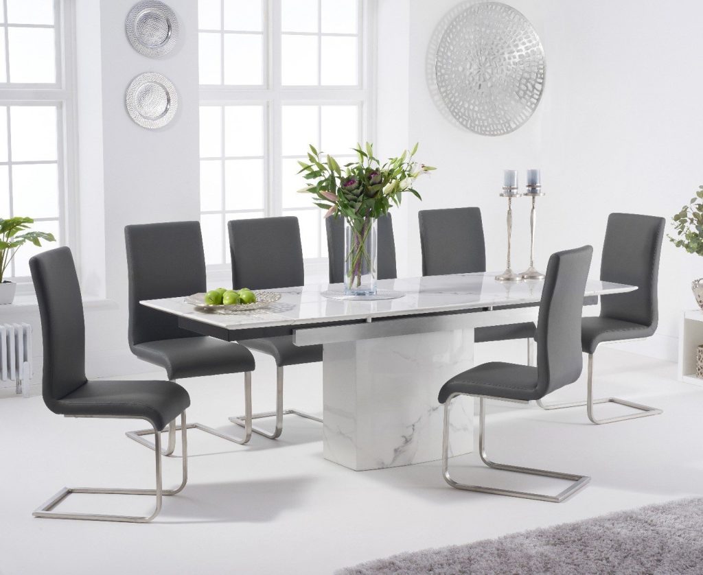 Extending Savona 160cm White Ceramic Dining Table with 6 Grey Austin Chairs