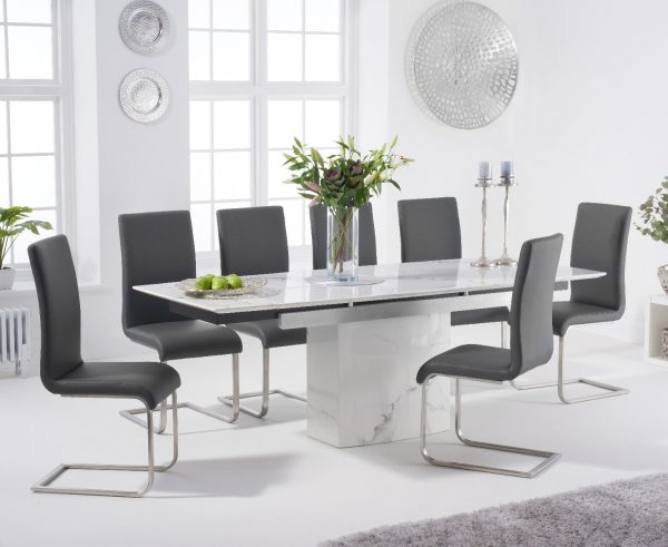 Extending Savona 160cm White Ceramic Dining Table with 4 Grey Austin Chairs | Bed Sava