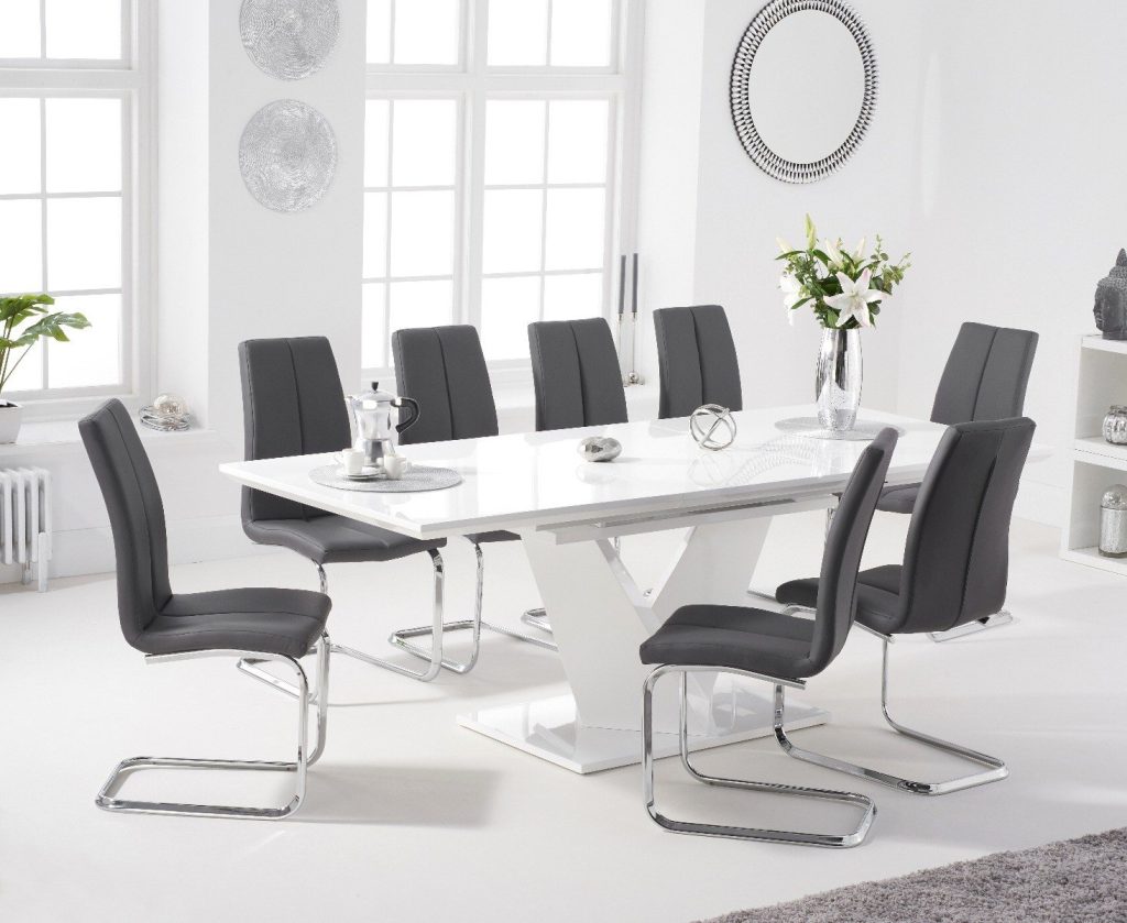 Extending  Vittorio 160cm White High Gloss Dining Table with 4 Grey Gianni Chairs