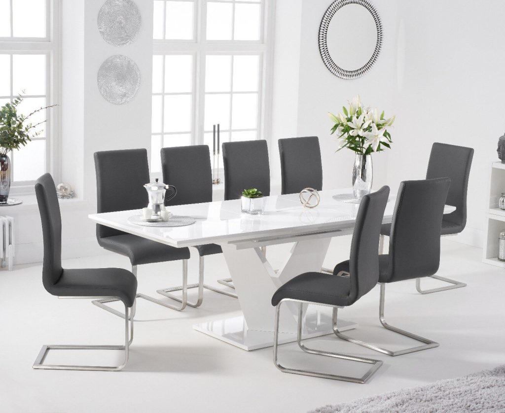 Extending  Vittorio 160cm White High Gloss Dining Table with 10 White Austin Chairs
