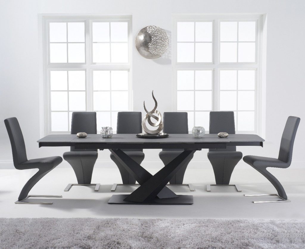 Extending Jacob 180cm Grey Stone Dining Table with 8 Grey Aldo Chairs | Bed Sava