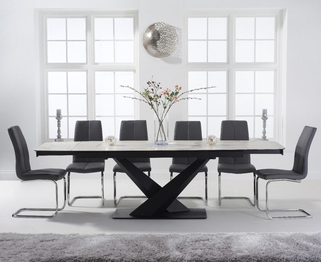 Extending Jacob 180cm White Ceramic Dining Table with 6 Grey Gianni Chairs