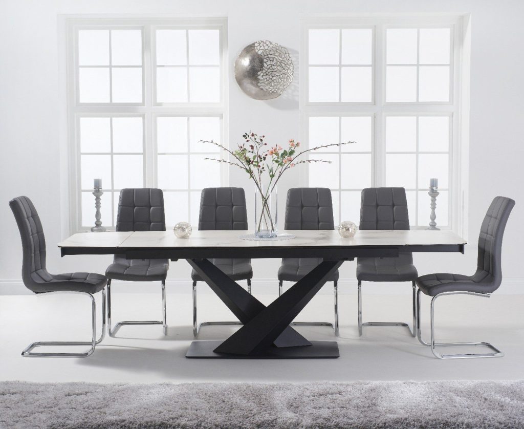 Extending Jacob 180cm White Ceramic Dining Table with 10 Grey Vigo Chairs | Bed Sava