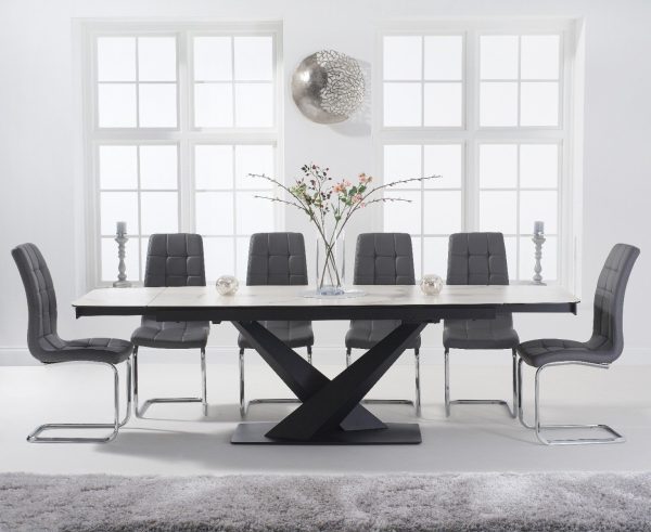 Extending Jacob 180cm White Ceramic Dining Table with 10 Grey Vigo Chairs | Bed Sava