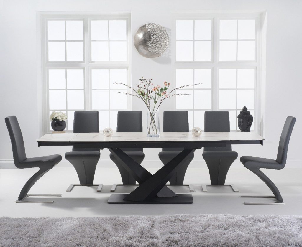 Extending Jacob 180cm White Ceramic Dining Table with 10 White Aldo Chairs | Bed Sava