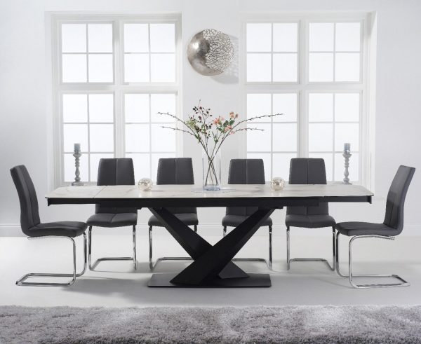 Extending Jacob 180cm White Ceramic Dining Table with 10 Grey Gianni Chairs | Bed Sava