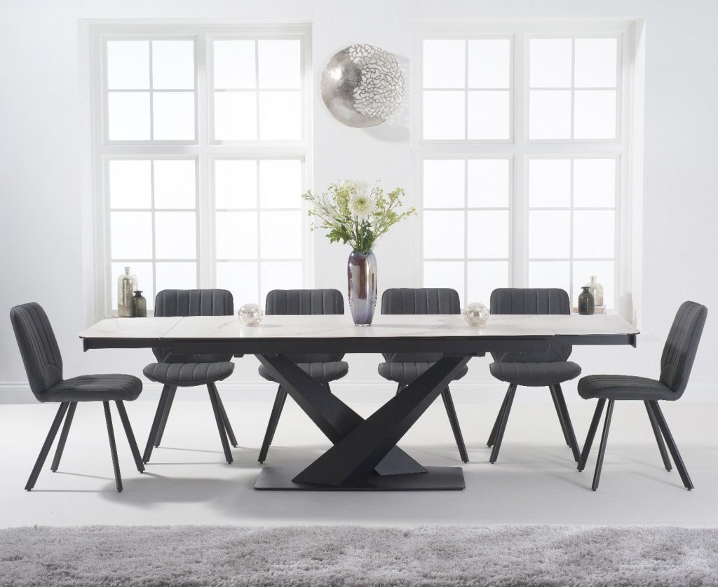 Extending Jacob 180cm White Ceramic Dining Table with 6 Brown Hendrick Chairs