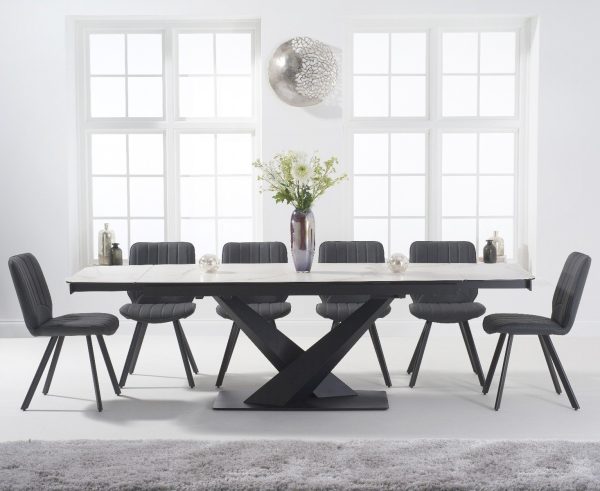 Extending Jacob 180cm White Ceramic Dining Table with 8 Grey Hendrick Chairs | Bed Sava