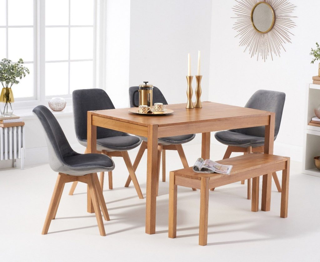 York 120cm Solid Oak Dining Table with 4 Grey Orson Chairs with 2 Oak Benches