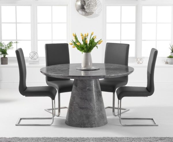 Ravello 130cm Round Grey Marble Dining Table with 6 Grey Austin Chairs | Bed Sava