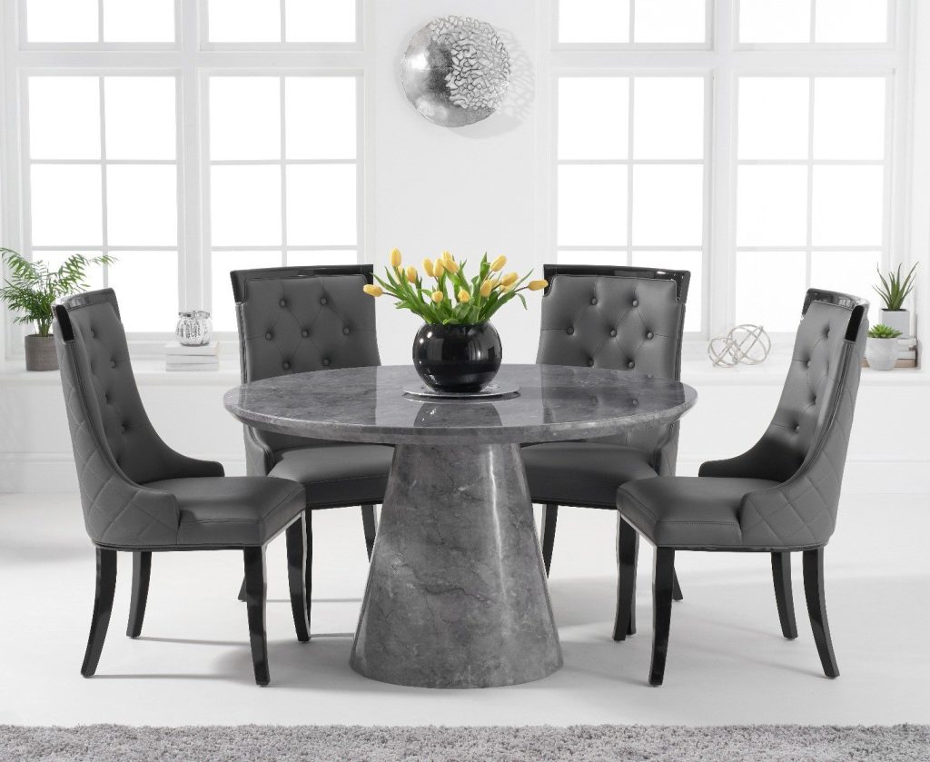 Ravello 130cm Round Grey Marble Dining Table with 6 Grey Francesca Chairs