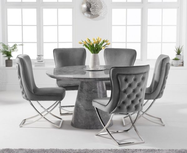 Ravello 130cm Round Grey Marble Dining Table with 6 Grey Lorenzo Chairs | Bed Sava