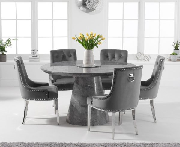 Ravello 130cm Round Grey Marble Dining Table with 4 Grey Sienna Chairs | Bed Sava