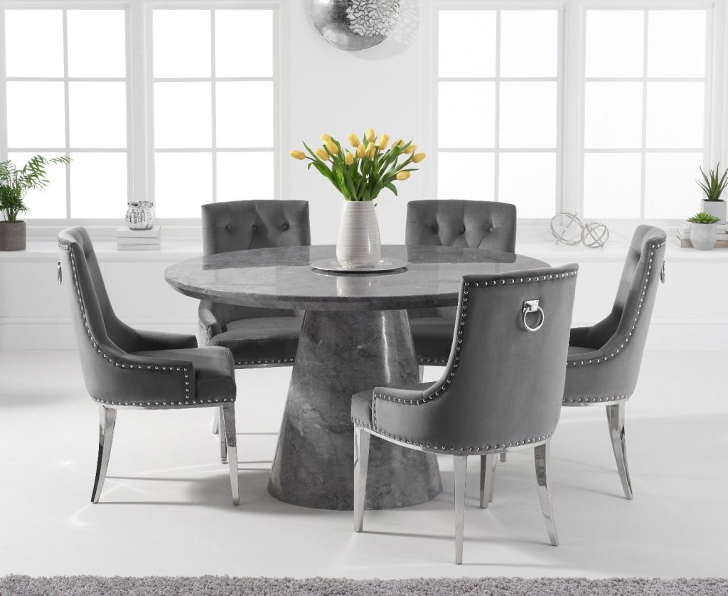Ravello 130cm Round Grey Marble Dining Table with 6 Grey Sienna Chairs