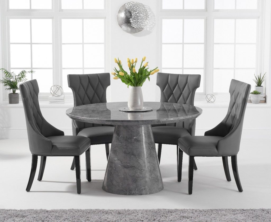 Ravello 130cm Round Grey Marble Dining Table with 4 Cream Sophia Chairs