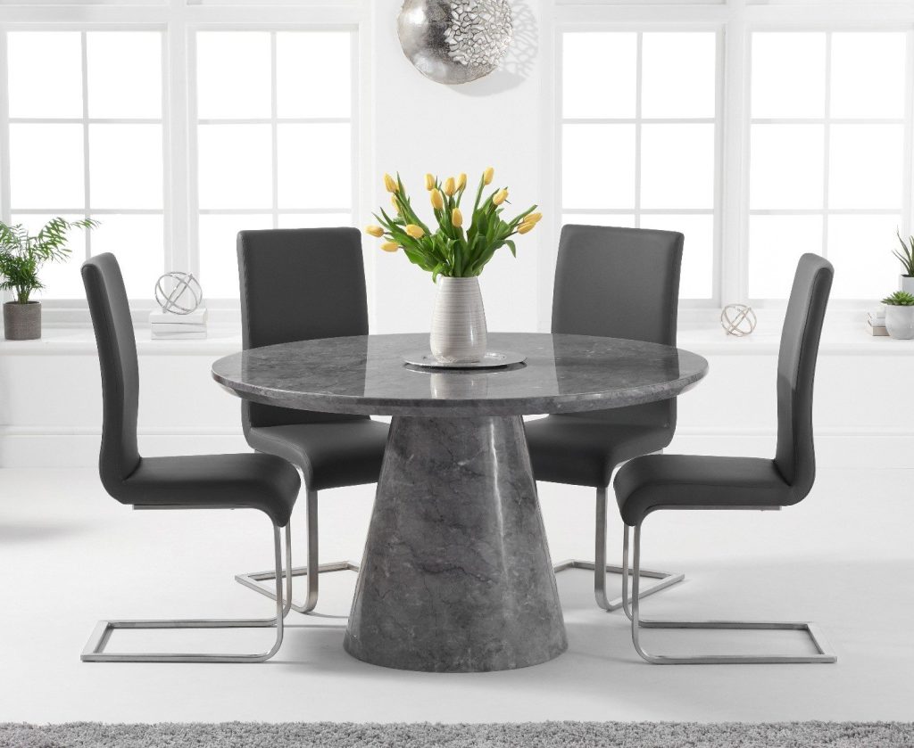 Ravello 130cm Round Grey Marble Dining Table with 6 White Austin Chairs