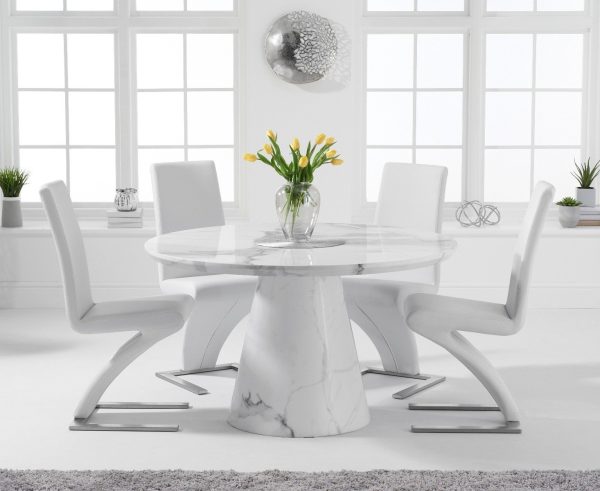 Ravello 130cm Round White Marble Dining Table with 6 Grey Aldo Chairs | Bed Sava