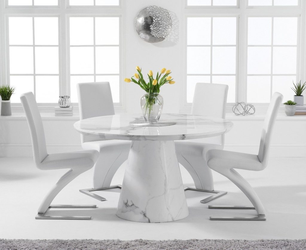 Ravello 130cm Round White Marble Dining Table with 4 Black Aldo Chairs