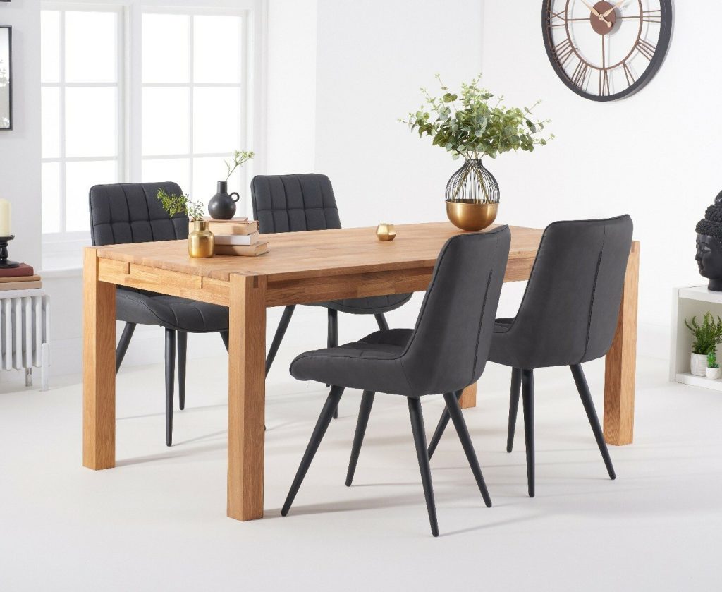 Thetford 150cm Oak Dining Table with Thetford 45cm Oak Extensions with 10 Grey Larson Chairs
