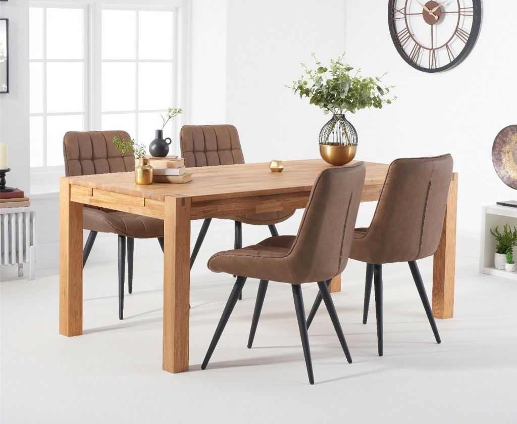 Thetford 180cm Oak Dining Table with Thetford 45cm Oak Extensions with 10 Brown Larson Chairs