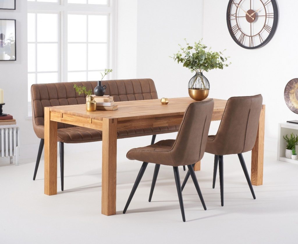 Thetford 180cm Oak Dining Table with 2 Brown Larson Chairs with 1 Brown Bench
