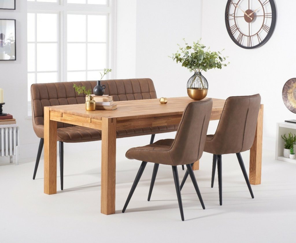 Thetford 180cm Oak Dining Table with Thetford 45cm Oak Extensions with 4 Brown Larson Chairs with 2 Brown Benches