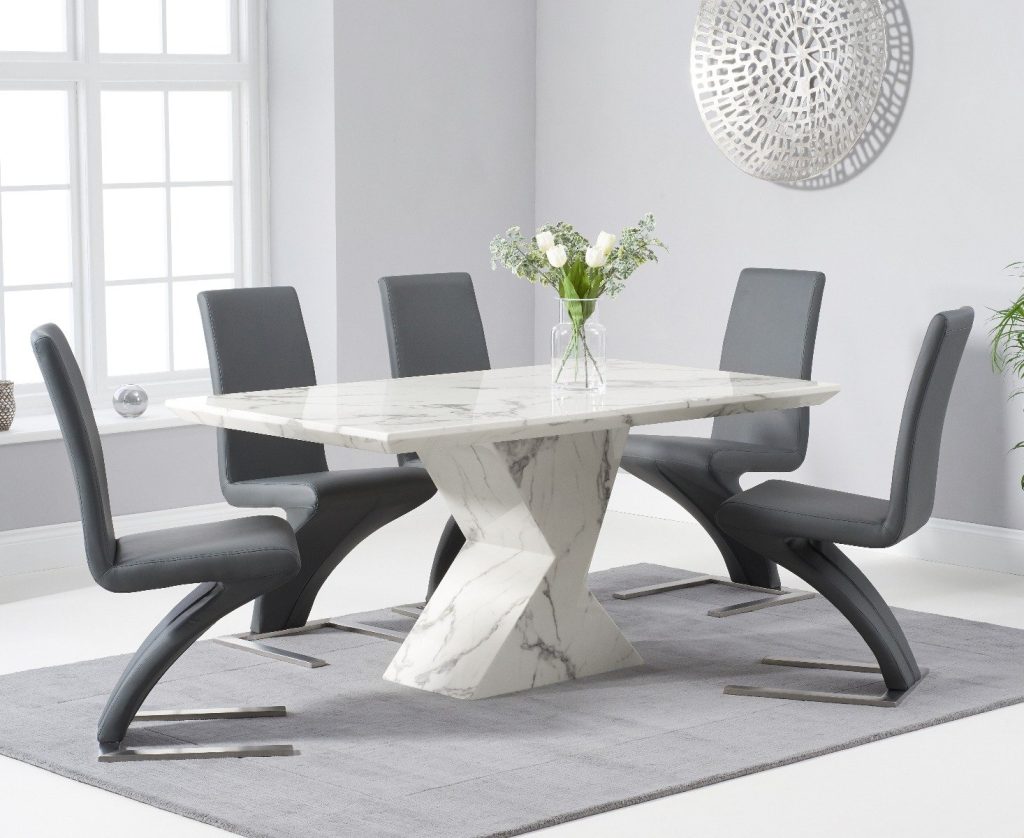 Aaron 160cm Marble White Dining Table with 8 Grey Aldo Chairs