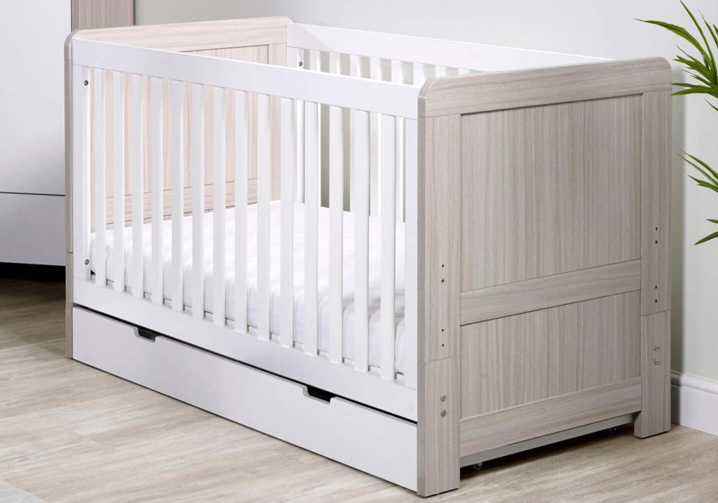 Ickle Bubba Pembrey Ash Grey and White Cot Bed with Under Drawer