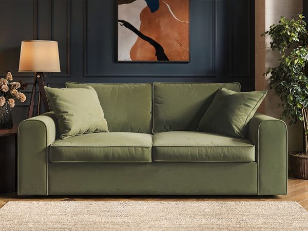 Solace+Co Ainsley 3 Seater Sofa Khaki Green Velvet | Bed Sava
