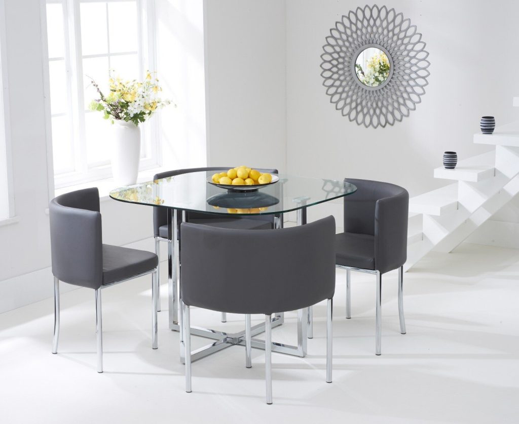 Algarve Clear Glass Dining Table with 4 Grey Rhodes Chairs