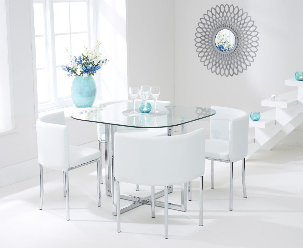 Algarve Clear Glass Dining Table with 4 White Rhodes Chairs