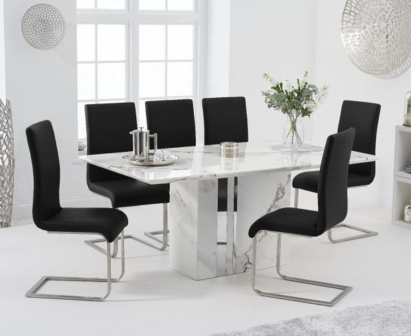 Alicia 180cm White Marble Dining Table with 4 Grey Austin Chairs | Bed Sava