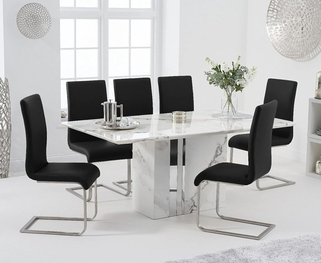 Alicia 180cm White Marble Dining Table with 6 Grey Austin Chairs