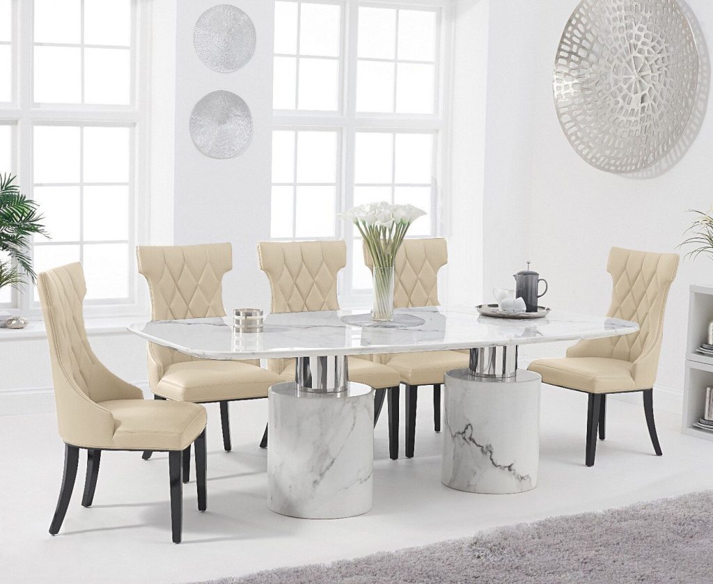 Antonio 180cm White Marble Dining Table with 4 Grey Sophia Chairs