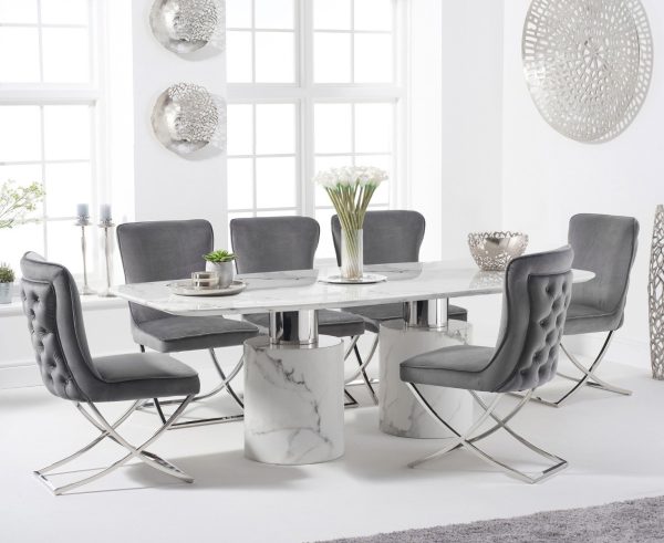 Antonio 180cm White Marble Dining Table with 8 Grey Lorenzo Chairs | Bed Sava