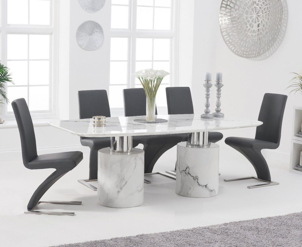 Antonio 180cm White Marble Dining Table with 6 Black Aldo Chairs