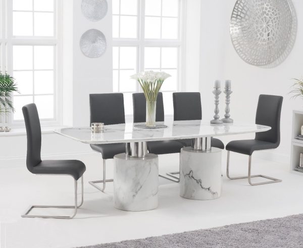 Antonio 180cm White Marble Dining Table with 8 Grey Austin Chairs | Bed Sava