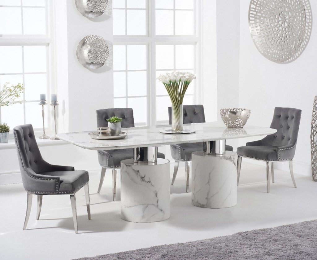 Antonio 180cm White Marble Dining Table with 8 Grey Sienna Chairs