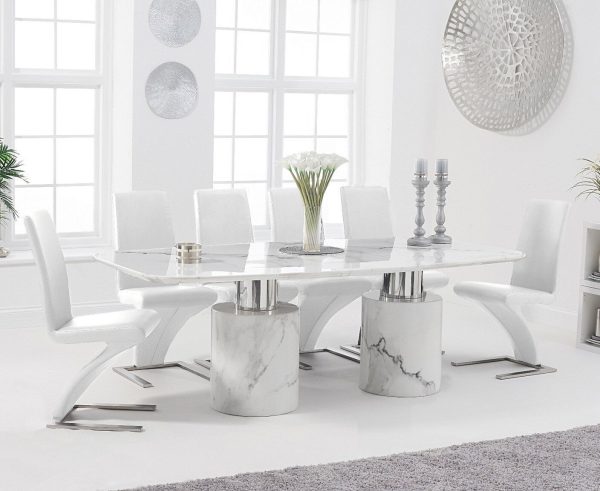 Antonio 220cm White Marble Dining Table with 8 Grey Aldo Chairs | Bed Sava