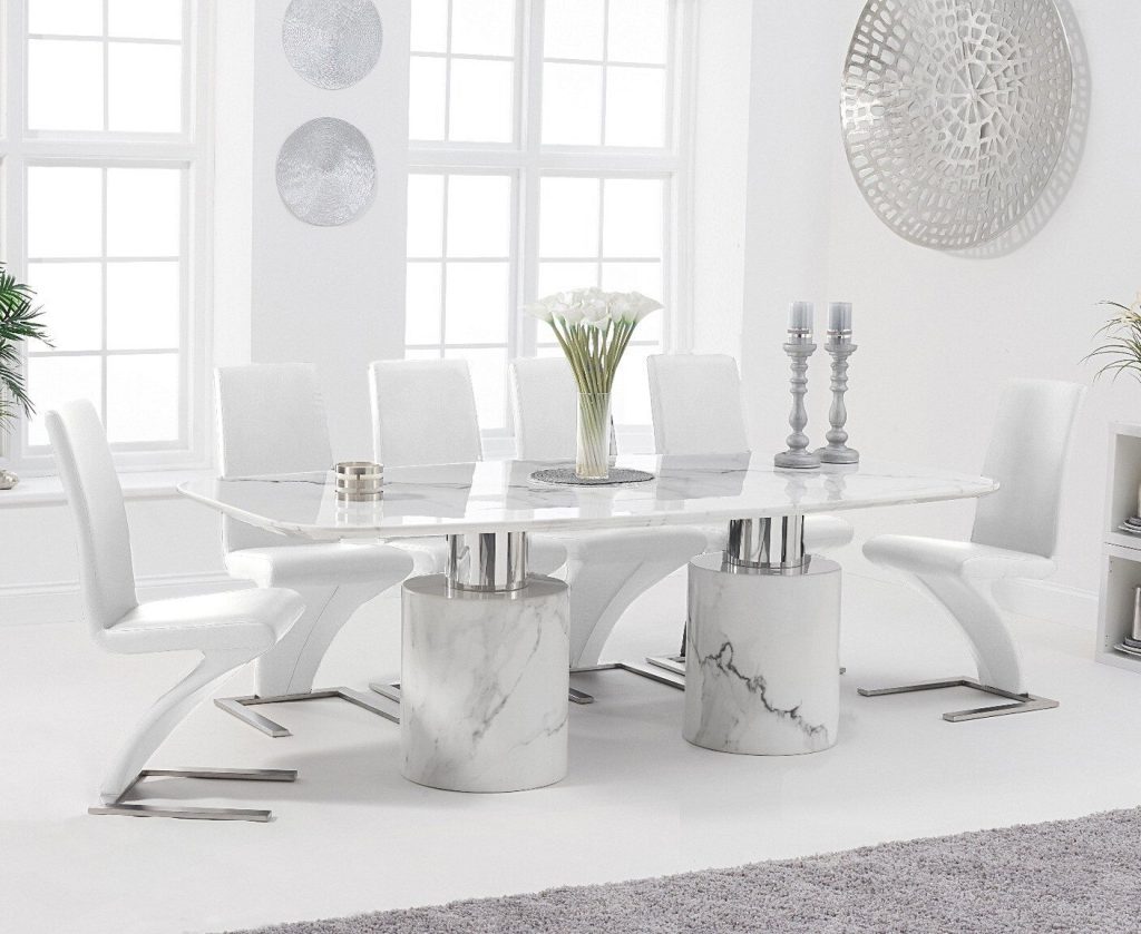 Antonio 220cm White Marble Dining Table with 10 White Aldo Chairs
