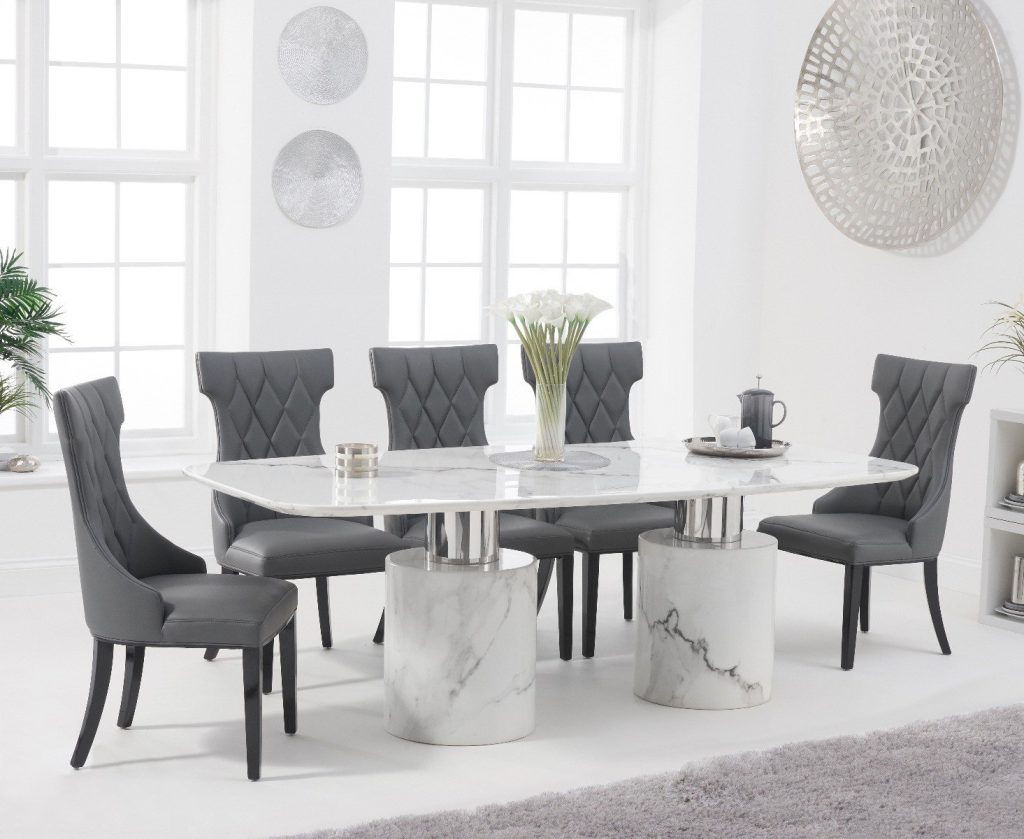 Antonio 220cm White Marble Dining Table with 8 Cream Sophia Chairs