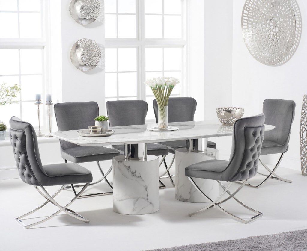 Antonio 220cm White Marble Dining Table with 8 Grey Lorenzo Chairs