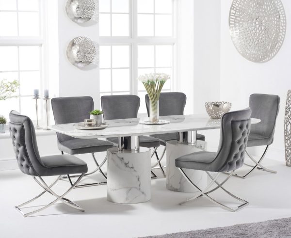 Antonio 220cm White Marble Dining Table with 8 Grey Lorenzo Chairs | Bed Sava