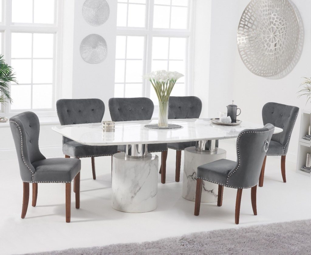 Antonio 220cm White Marble Dining Table with 8 Grey Keswick Chairs