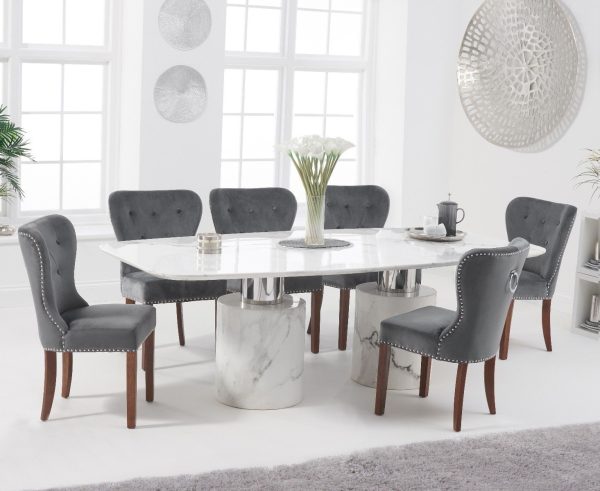 Antonio 220cm White Marble Dining Table with 8 Grey Keswick Chairs | Bed Sava