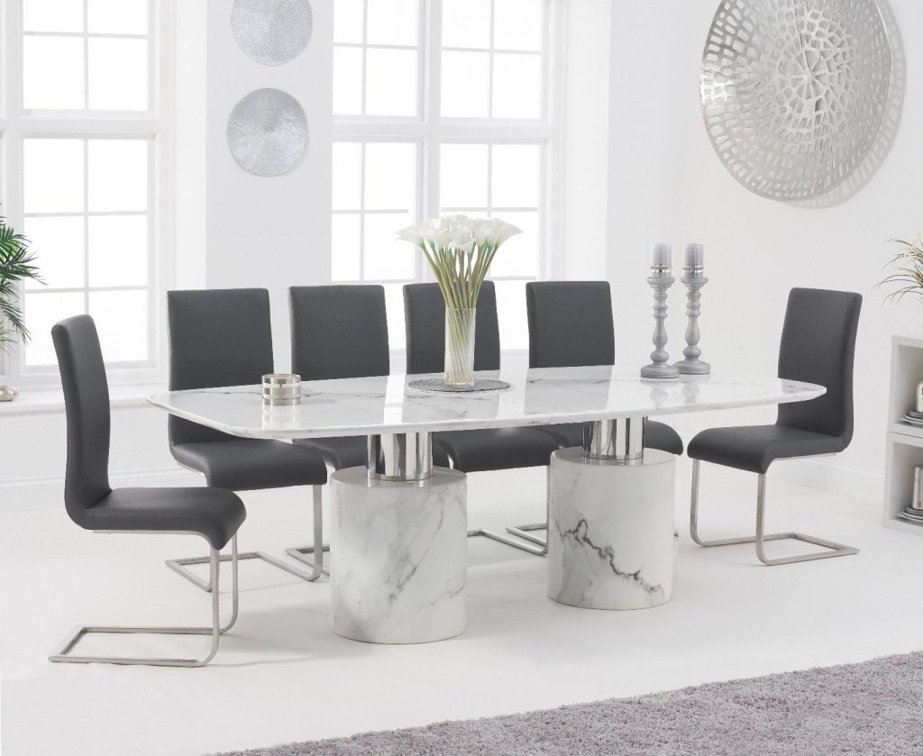Antonio 220cm White Marble Dining Table with 8 White Austin Chairs