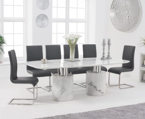 Antonio 220cm White Marble Dining Table with 8 Grey Austin Chairs | Bed Sava