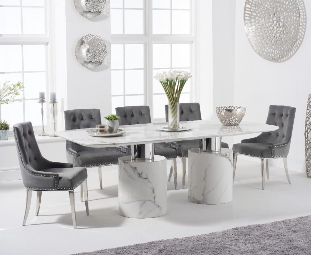 Antonio 220cm White Marble Dining Table with 8 Grey Sienna Chairs