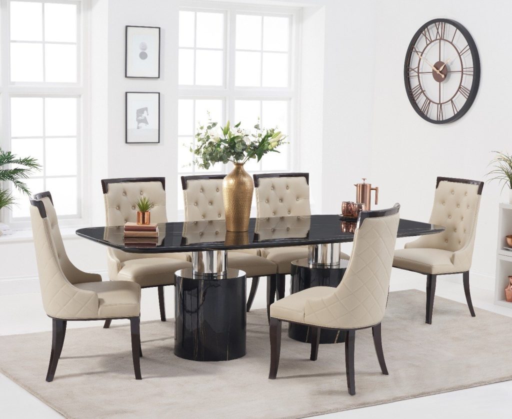 Antonio 220cm Black Marble Dining Table with 6 Cream Francesca Chairs